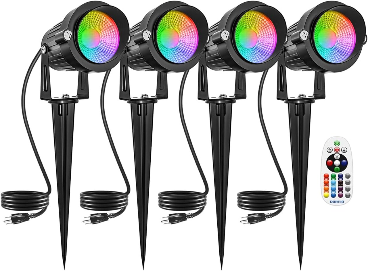 Christmas RGBW Outdoor Spotlights for Yard,10W Color Changing Landscape Lights with Remote Control 120V LED Landscape Lighting Waterproof Spotlight with Plug Tree Garden Path Decoration (4Pack)